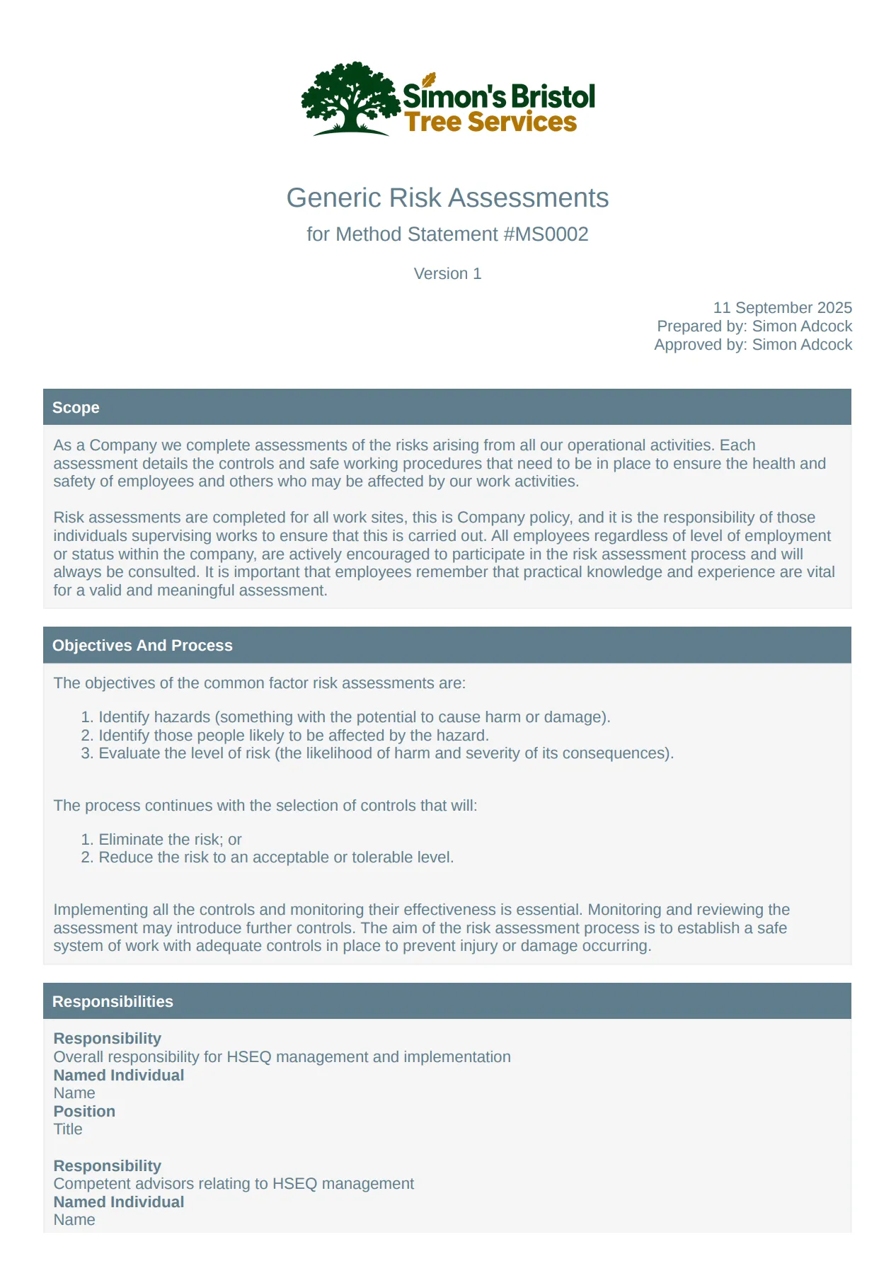 Example generic risk assessment PDF with a company logo, document details and clearly laid-out sections
